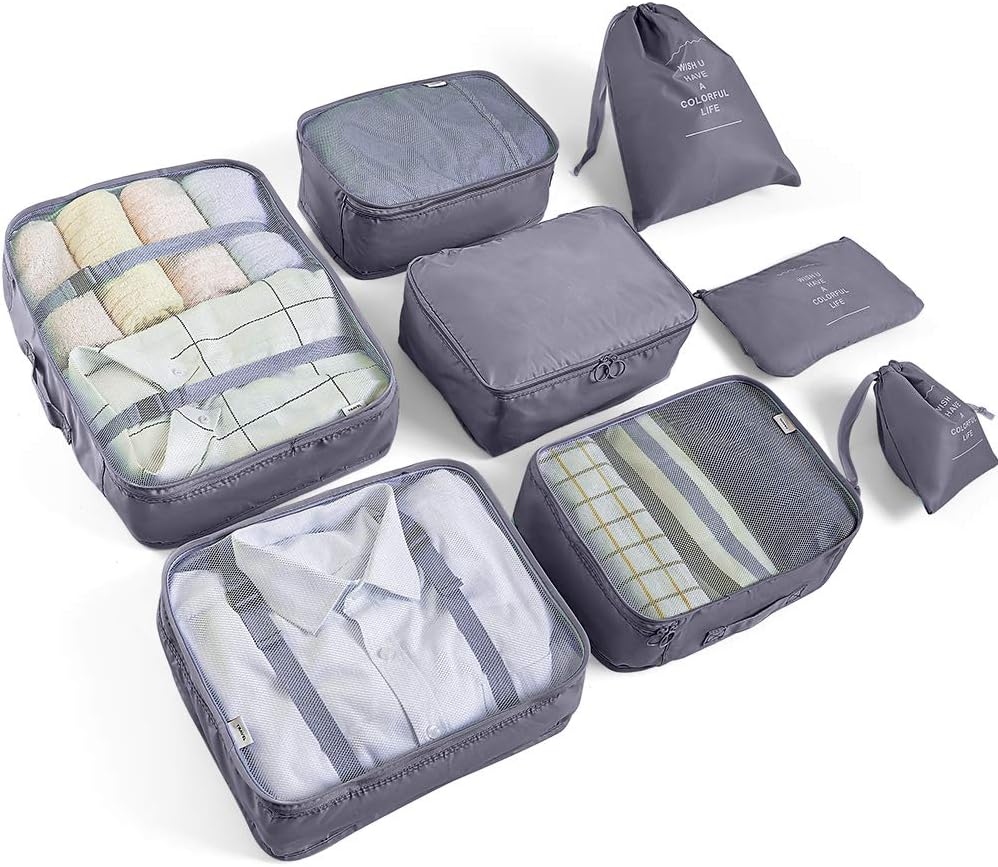 AMAYGA Organizer Suitcase Set of 8, Travel Organizers Cubes Packaging Laundry Bag Compression Bags for Clothes, Cosmetics, Shoes, Underwear (Grey), grey