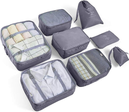 AMAYGA Organizer Suitcase Set of 8, Travel Organizers Cubes Packaging Laundry Bag Compression Bags for Clothes, Cosmetics, Shoes, Underwear (Grey), grey