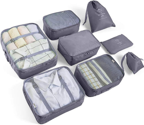 AMAYGA Organizer Suitcase Set of 8, Travel Organizers Cubes Packaging Laundry Bag Compression Bags for Clothes, Cosmetics, Shoes, Underwear (Grey), grey