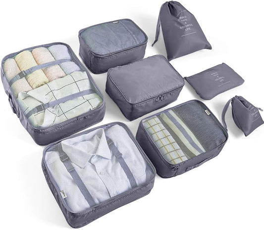 AMAYGA Organizer Suitcase Set of 8, Travel Organizers Cubes Packaging Laundry Bag Compression Bags for Clothes, Cosmetics, Shoes, Underwear (Grey), grey