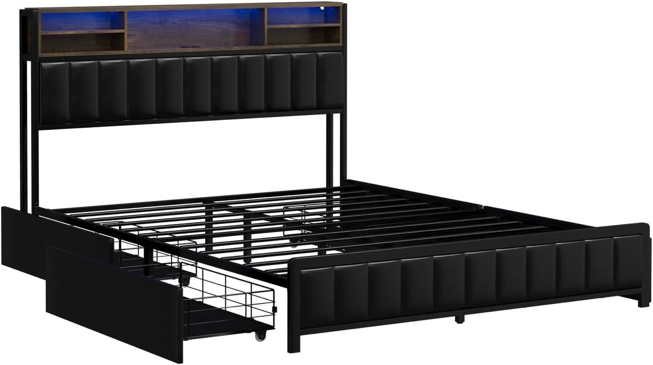 Oikiture Queen Size Bed Frame with 5 LED Open Display Shelves and 4 Drawers Metal Queen Bed with Bed Head Black