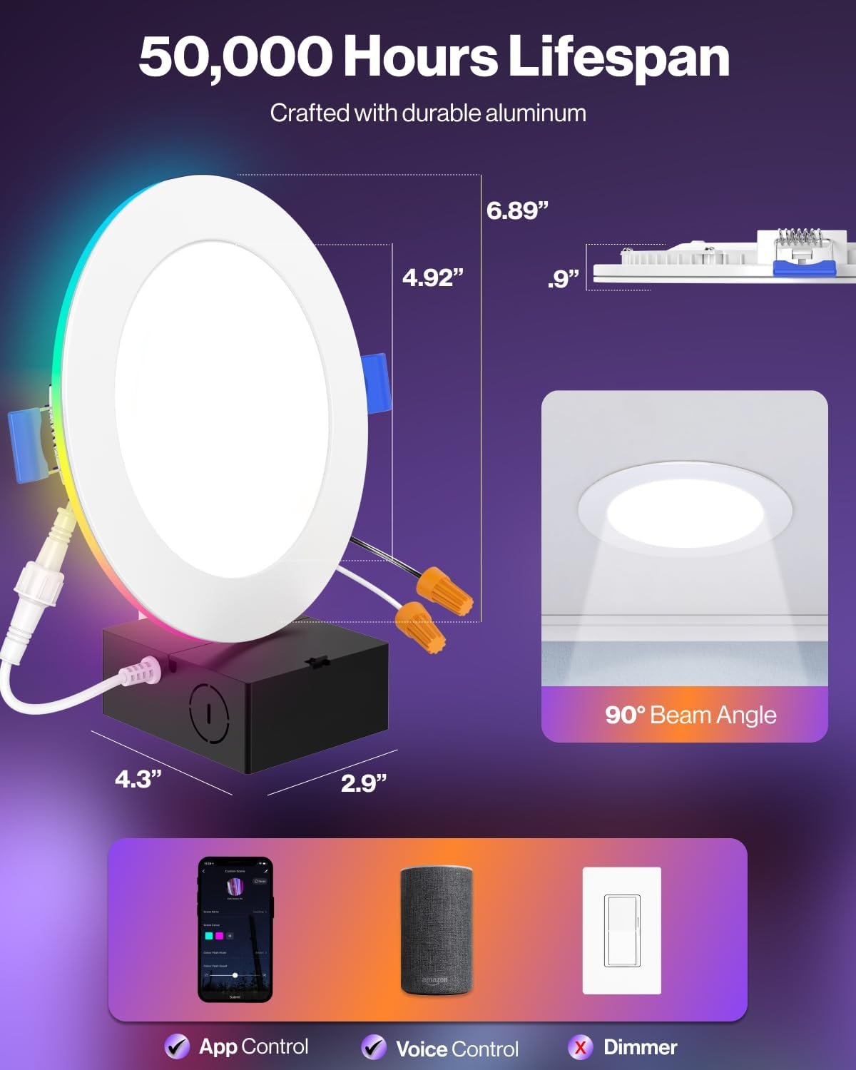 Sunco 6 Pack 6 Inch Smart Ultra Thin LED Recessed Ceiling Lights with Night Light, Tunable CCT 2700K to 6000K, Dimmable, 15W, Smooth Trim, Canless with Junction Box.