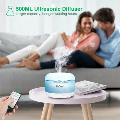 500ml Aromatherapy Essential Oil Diffuser, Ultrasonic Remote Control Cool Mist Fragrance Oils Humidifier, Electric Aroma Air Purifier for Home Bedroom 7 LED Color Lights, Timer, Auto Shut-Off (White)