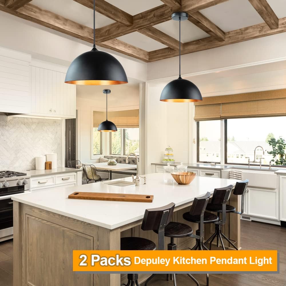 Depuley Kitchen Pendant Light, 2 Packs Industrial Ceiling Lighting Fixture with Metal Dome Lamp Shade, Hanging Lamp for Restaurant, Dining Room, Living Room, Coffee, Bar, Black and Gold