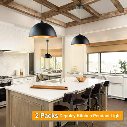Depuley Kitchen Pendant Light, 2 Packs Industrial Ceiling Lighting Fixture with Metal Dome Lamp Shade, Hanging Lamp for Restaurant, Dining Room, Living Room, Coffee, Bar, Black and Gold