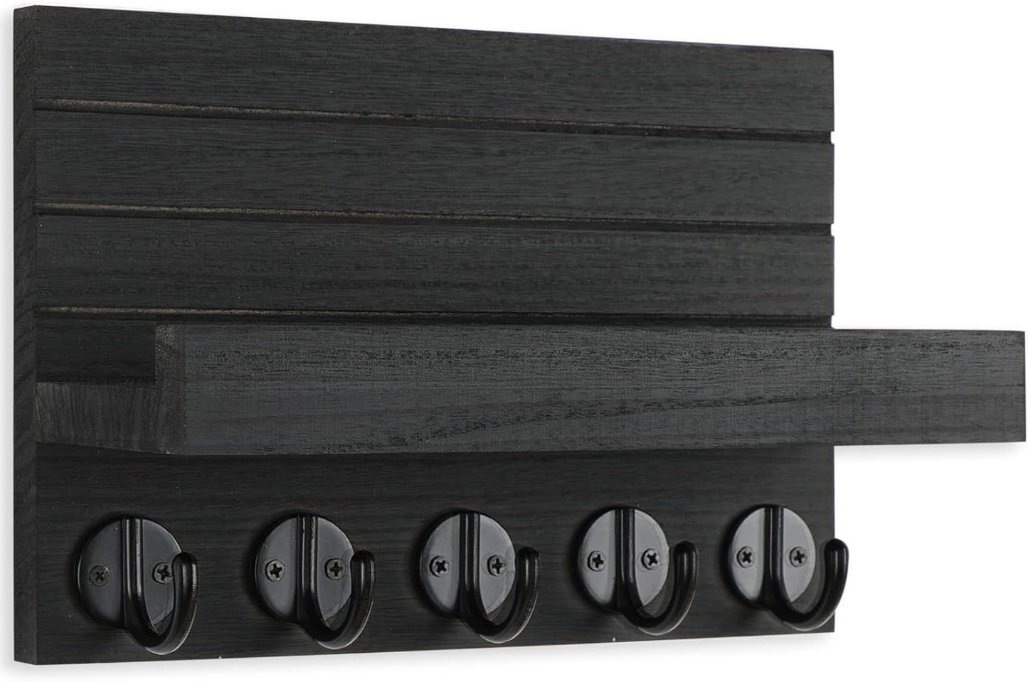 Lwenki Key Holder for Wall, Decorative Key and Mail Holder with Shelf Has Large Key Hooks for Bags, Coats, Umbrella – Paulownia Wood Key Hanger with Mounting Hardware (Black)