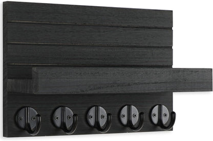 Lwenki Key Holder for Wall, Decorative Key and Mail Holder with Shelf Has Large Key Hooks for Bags, Coats, Umbrella – Paulownia Wood Key Hanger with Mounting Hardware (Black)