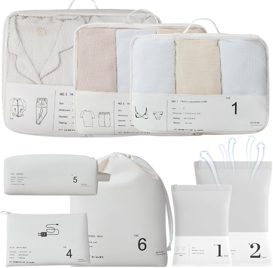 Packing Cubes for Travel, 8 Pcs Lightweight Travel Bags With Vacuum Storage Bags Luggage Organiser Travel Cells Packing Cells White