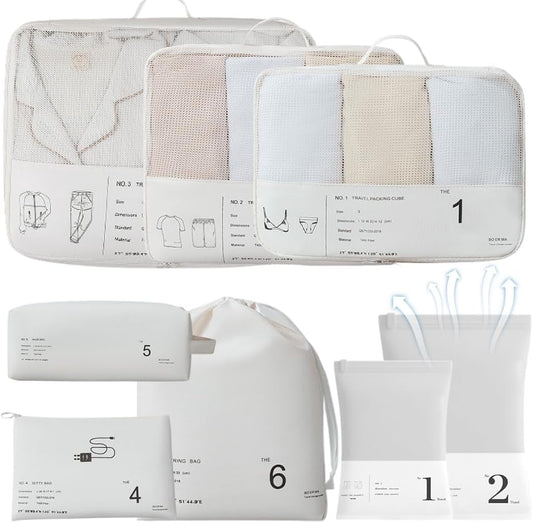 Packing Cubes for Travel, 8 Pcs Lightweight Travel Bags With Vacuum Storage Bags Luggage Organiser Travel Cells Packing Cells White