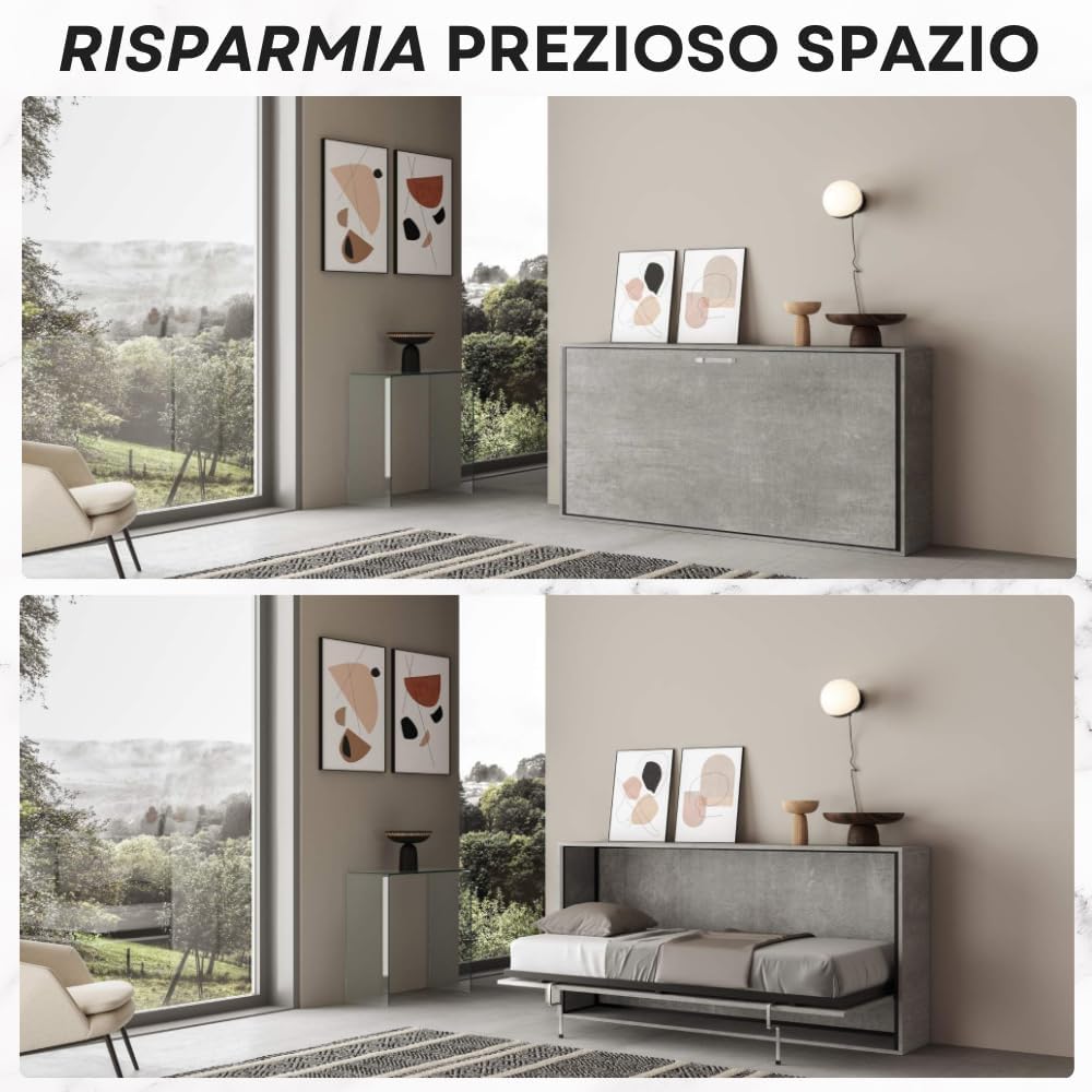 IMAGO FACTORY Kendo Single – Folding Single Bed (L.200 P.106 H.97) Horizontal Fold-Out Bed 100% Made in Italy, Concealed Beds (Mattress, Concrete)