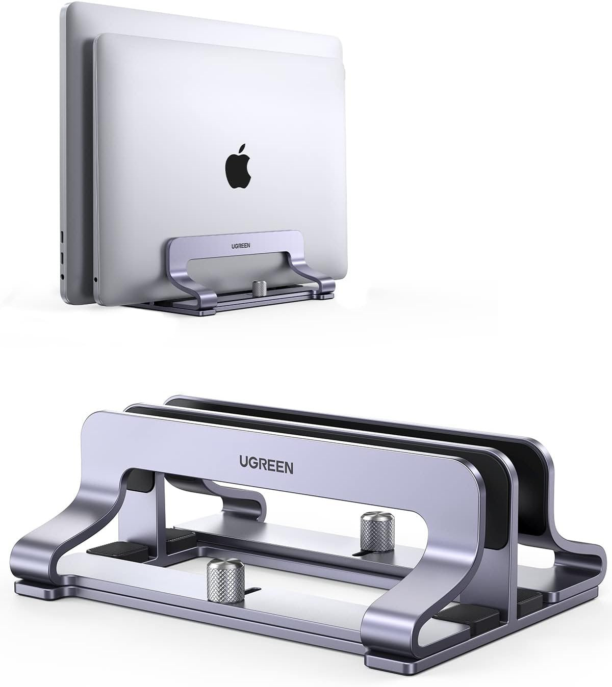 UGREEN Vertical Laptop Stand for Desk, Dual Slot Aluminum Holder, Adjustable Dock, Compatible with MacBook, Chromebook, up to 17.3 Inch, Grey