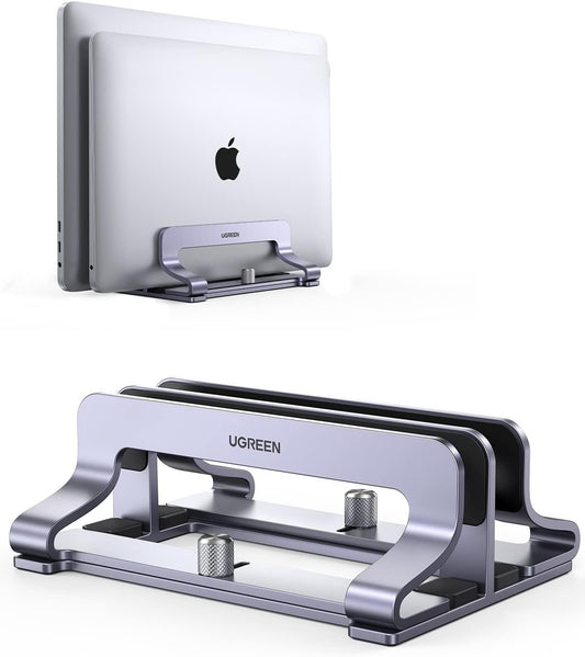 UGREEN Vertical Laptop Stand for Desk, Dual Slot Aluminum Holder, Adjustable Dock, Compatible with MacBook, Chromebook, up to 17.3 Inch, Grey