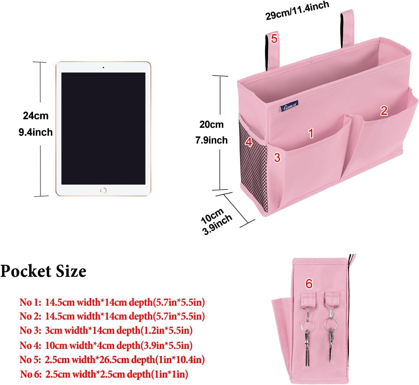 Surblue Bedside Caddy Hanging Organizer Bedside Storage Bag for Bunk and Hospital Beds (Small-Pink)
