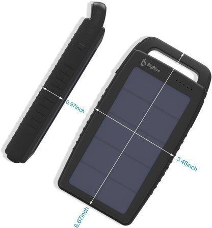 15000mAh Solar Battery Charger BigBlue Solar Charger with Dual USB-A Port, Portable Solar Power Bank with IPX4 Waterproof, Solar Panel Battery Pack with Flashlight for Camping or Hurricane(Black)