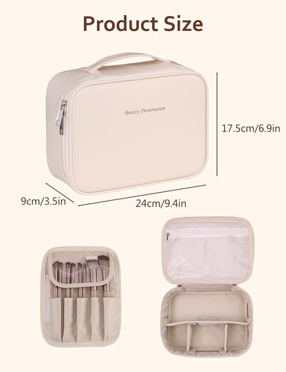 Travel Makeup Bag,Large Cosmetic Bag Case,Waterproof Portable Make Up Bag with Dividers Cosmetics Makeup Brushes Toiletry Jewelry Accessories for Women Girls,Traveler,Christmas (B-Khaki)