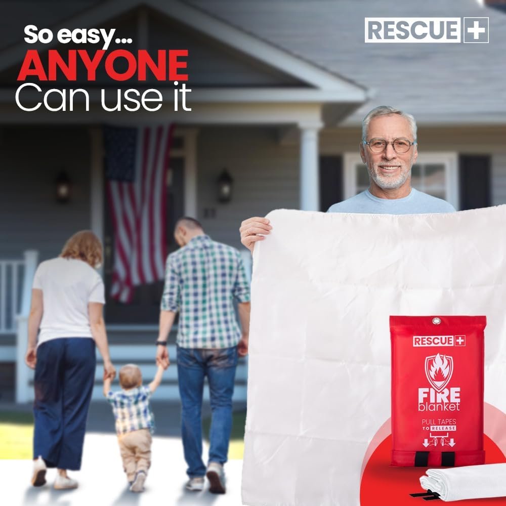 Rescue+ Emergency Fire Blanket for Home, Kitchen, Workplace & Travel, 40” x 40” Fiberglass Flame Retardant Safety Blanket, Fire Suppression for House, Camping, Car Emergencies - 1 Pack