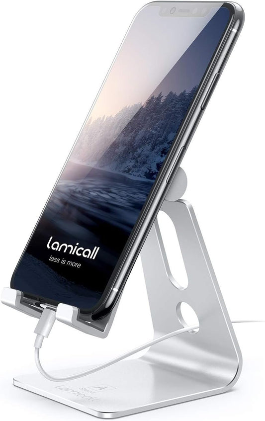 Lamicall Adjustable Cell Phone Stand - Aluminum Desktop Phone Holder, Anti-Slip Mobile Phone Base Desk Table, Compatible with iPhone, Samsung Galaxy Note, Office Accessories, 4-8" Smartphone - Sliver