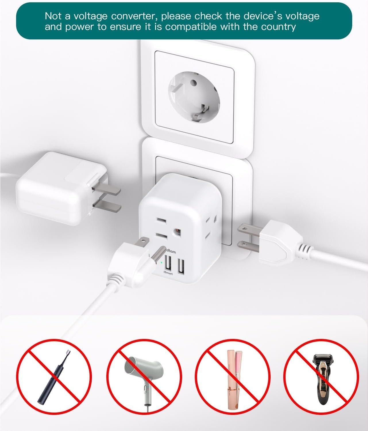 2-Pack Germany France Travel Plug Adapter, 3 Outlets and 3 USB Charging Ports(1 USB C), Addtam Type E/F International Power Adapter, Travel Essentials US to Europe France Germany South Korea