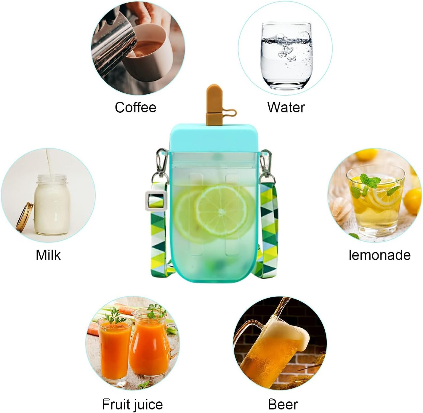 Popsicle Water Bottle with Strap, Creative Kawaii Water Bottle with Straw for Kids Transparent Water Jug Juice Drinking Cup Suitable for Camping Outdoor Travel Kids School 300ML