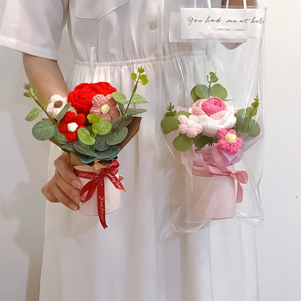 suyakota Crochet Medium Rose Flower Bouquet: Handmade Knitted Bouquet for Mother's Day Birthday Home Decor Girlfriend Wedding Grandma Bday Gift (Pink)