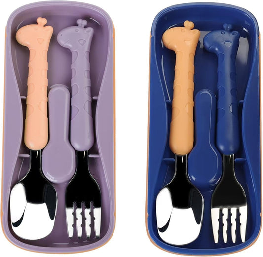 FUNNUO Stainless Steel Kids Cartoon Cutlery Set With Portable Case, Kid Spoon and Fork Set, Safe Toddler Utensil Set for Children Self-Feeding (2, BLue and Purple)