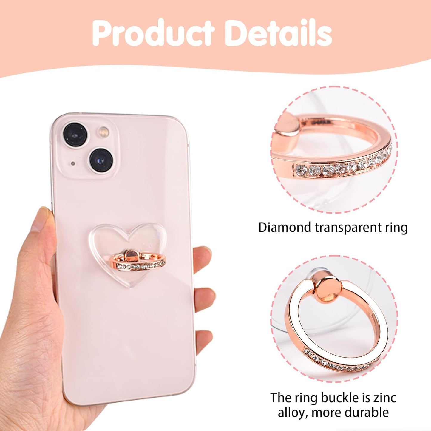 Transparent Clear Phone Ring Grips Holder Kickstand, 2 Pcs 360 Degree Rotation Heart with Diamond Phone Finger Holde, Finger Ring Stand for Cell Phone Tablet Case Accessories