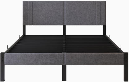 Queen Bed Frame, DUMEE Bed Frame Queen Size with Upholstered Headboard, Upholstered Bed Frame with Metal Slats Enhanced Support, No Box Spring Needed, Dark Gray Queen Bed