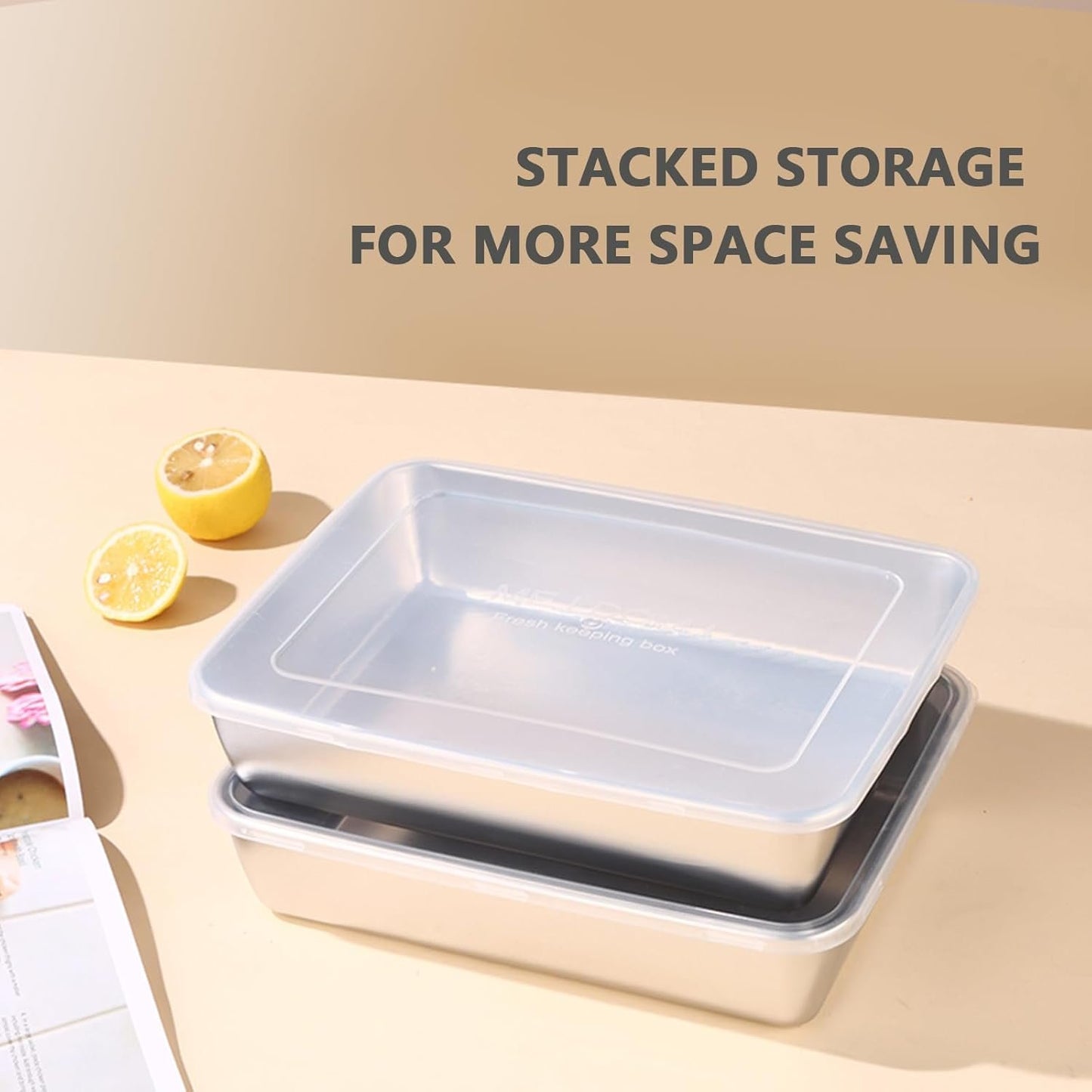 ATRDTO Stainless Steel Rectangle Food Storage Box Container, Leak Plastic Lid Dishwasher Safe - Plastic Free -Clear Lid (6)
