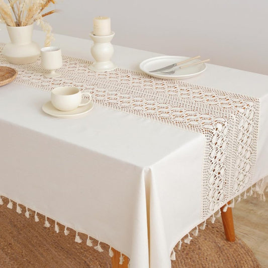 AMZALI Table Cloth, Rectangle Tablecloth Washable Cotton Linen Tablecloths Crochet Patchwork Table Cover with Tassle for Kitchen, Dining Tabletop Decoration 55''x70'' Beige