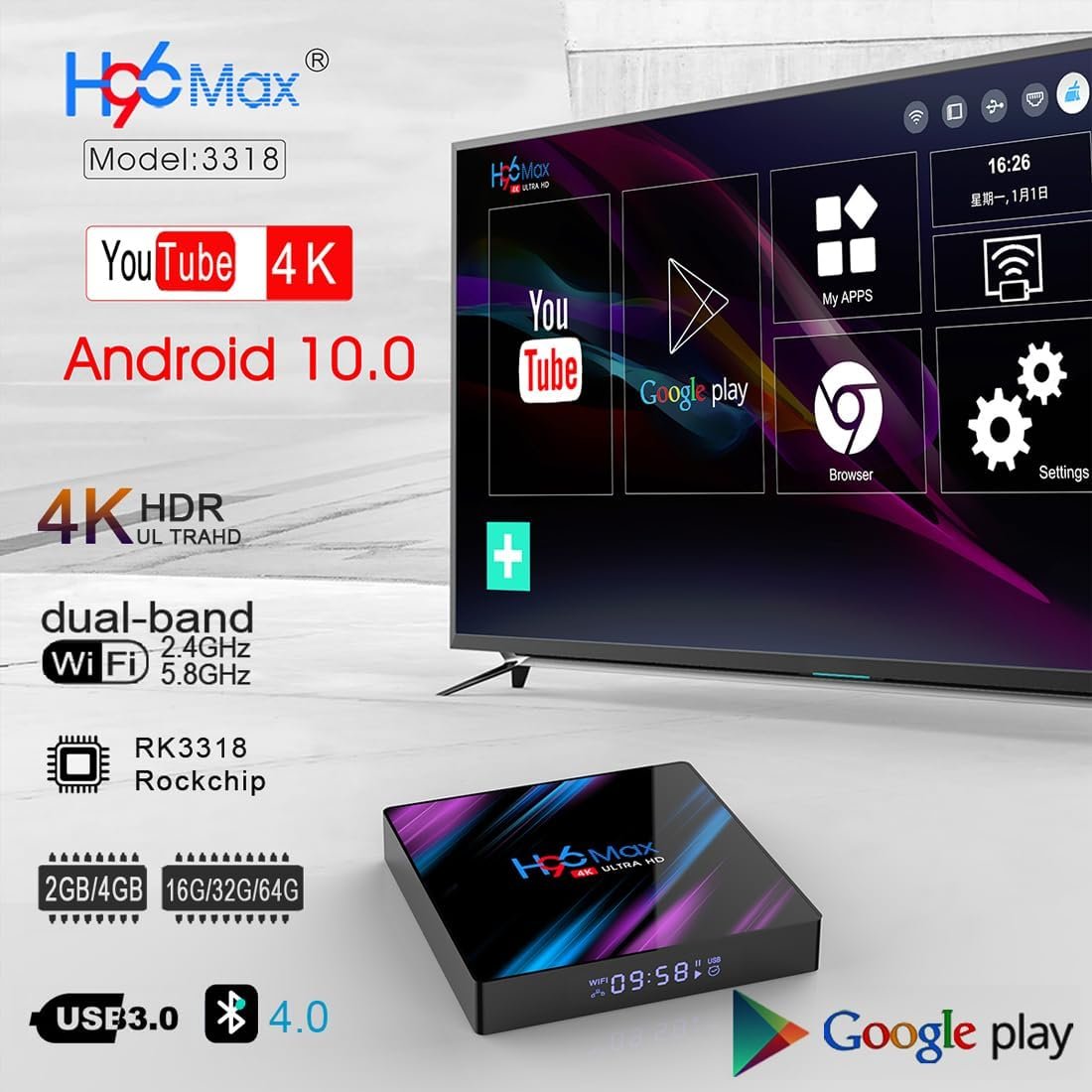 Android 10.0 TV Box, LEFFOT 4K Ultra HD Streaming Device for TV with HDR10 (2GB+16GB)