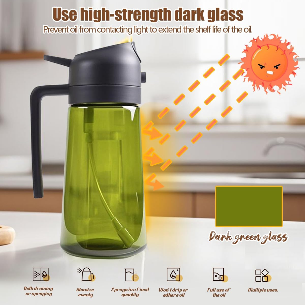 Blocking Light Dark Olive Oil Spray and Pour Bottle for Cooking 16oz/470ml Oil Dispenser for Kitchen 2in1 Dark Green Glass Kitchen Tools & Gadgets for Air Fryer, BBQ