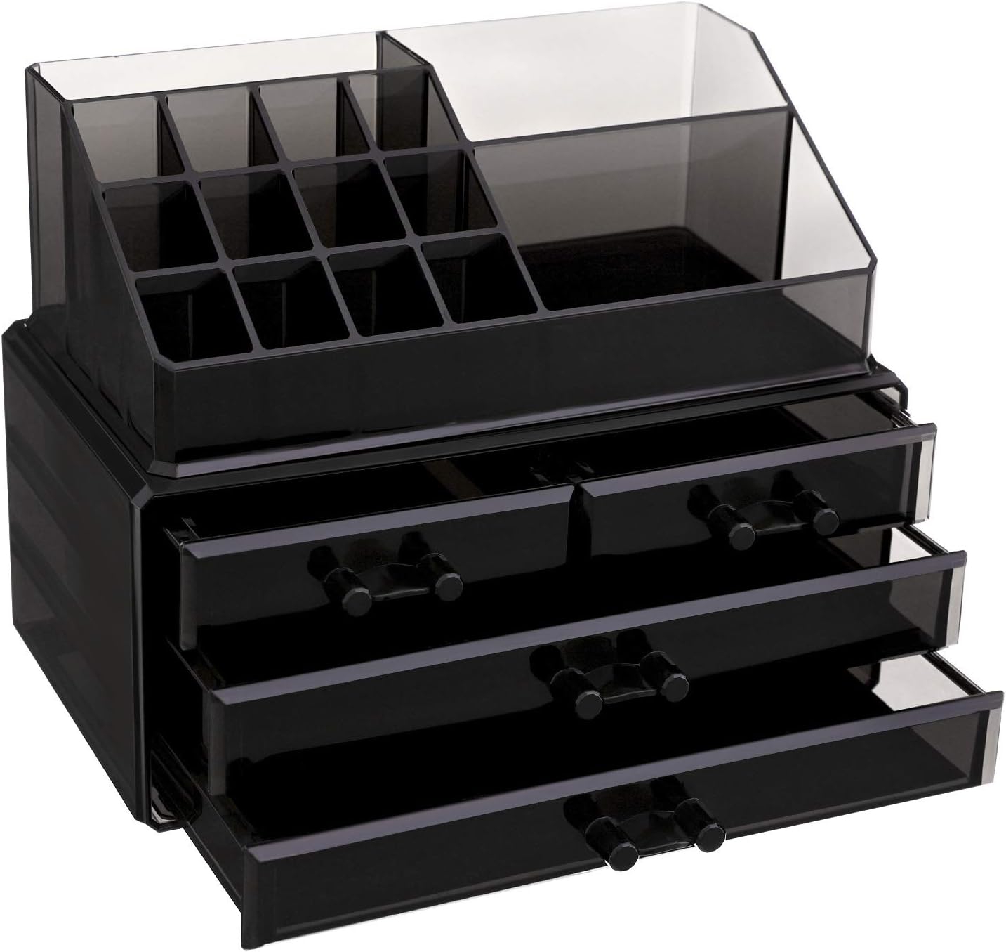 SONGMICS Makeup Organizer Makeup Organizer Stackable Acrylic Cosmetic Organizer with 4 Drawers for Eyeshadow Brushes Lipstick Nail Polish Gift Black JKA007BK