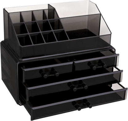 SONGMICS Makeup Organizer Makeup Organizer Stackable Acrylic Cosmetic Organizer with 4 Drawers for Eyeshadow Brushes Lipstick Nail Polish Gift Black JKA007BK