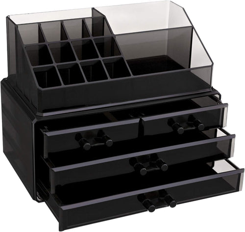 SONGMICS Makeup Organizer Makeup Organizer Stackable Acrylic Cosmetic Organizer with 4 Drawers for Eyeshadow Brushes Lipstick Nail Polish Gift Black JKA007BK