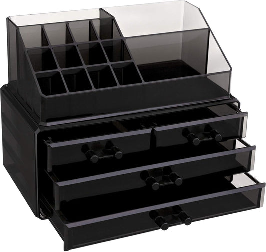 SONGMICS Makeup Organizer Makeup Organizer Stackable Acrylic Cosmetic Organizer with 4 Drawers for Eyeshadow Brushes Lipstick Nail Polish Gift Black JKA007BK
