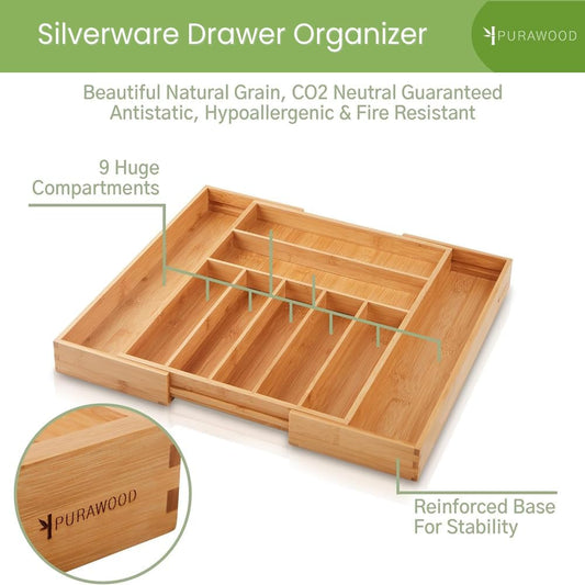 Purawood Bamboo Drawer Organizer - Expandable Silverware Organizer & Utensil Drawer Organizer, Cutlery Tray with Dividers, 7-9 Slots- Kitchen Organizer for Utensils & Flatware (Natural)`