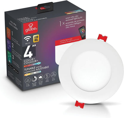 Globe Electric Collection Wi-Fi Smart 4" Ultra Slim Multicolor Changing RGB Tunable White Recessed Lighting Kit, No Hub Required, Voice Activated, 9W, 50068, 4 Inches