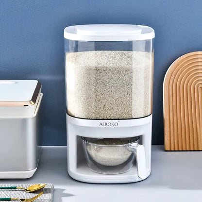 AEROKO Rice Dispenser, 5KG Dry Food Grain & Cereal Storage Container with Measuring Cup, Large Capacity Rice Dispenser for Organising Home, Kitchen & Pantry, White