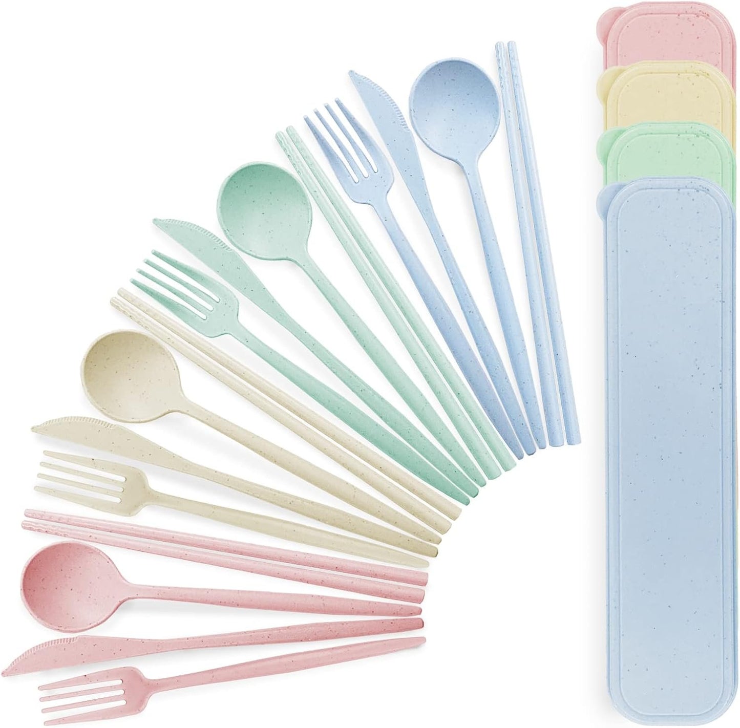 4 Sets Wheat Straw Utensils, Reusable Travel Utensils Set with Case, Reusable Utensils Set with Case, Camping Utensils Set with Chopsticks Knife Spoon Fork Set for Lunch Picnic Daily Use
