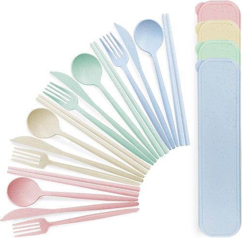 4 Sets Wheat Straw Utensils, Reusable Travel Utensils Set with Case, Reusable Utensils Set with Case, Camping Utensils Set with Chopsticks Knife Spoon Fork Set for Lunch Picnic Daily Use