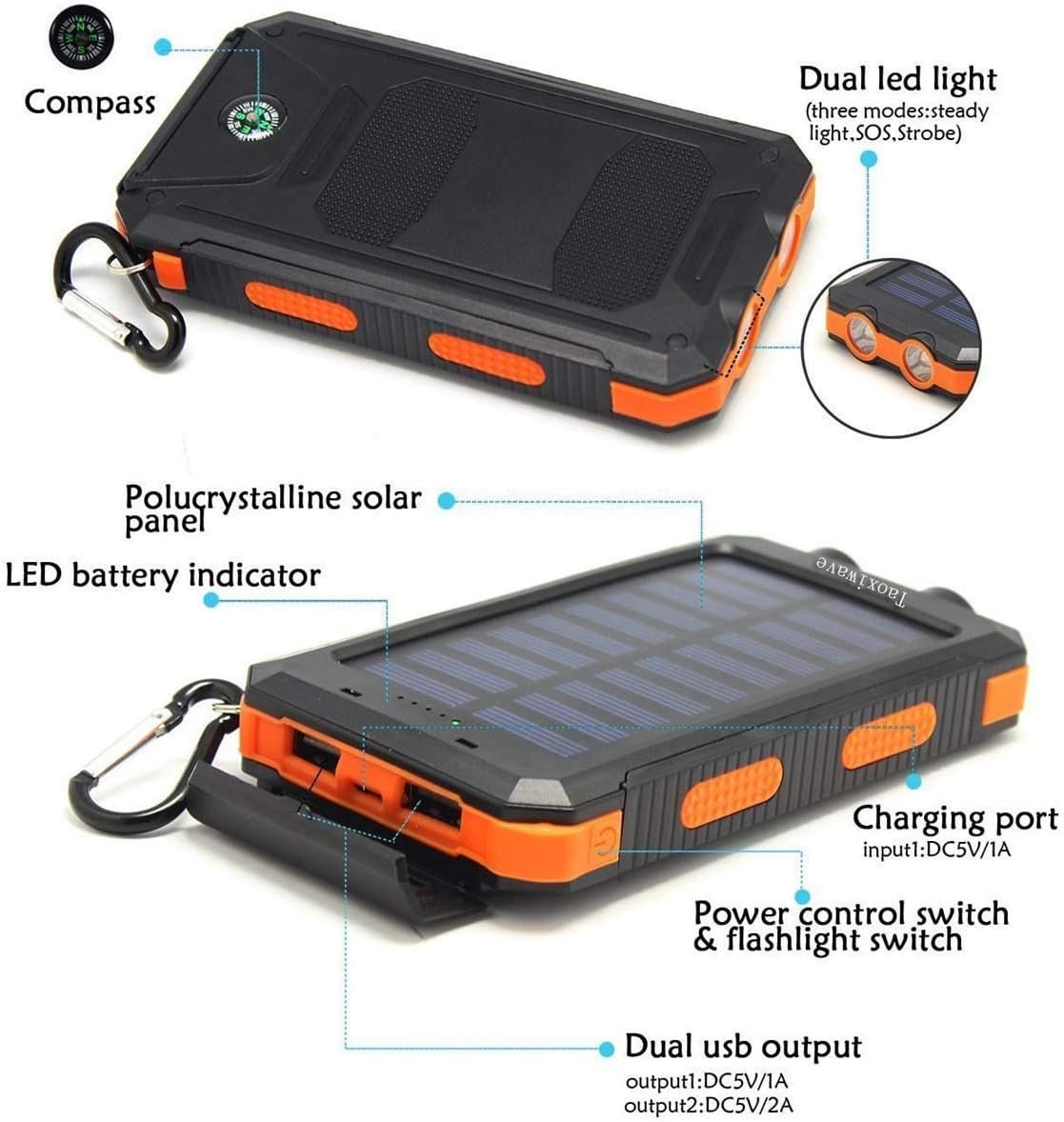 Solar Charger Solar Power Bank 20000mAh Waterproof Portable External Backup Outdoor Cell Phone Battery Charger with Dual LED Flashlights Solar Panel for all Cellphones (Black & Orange)