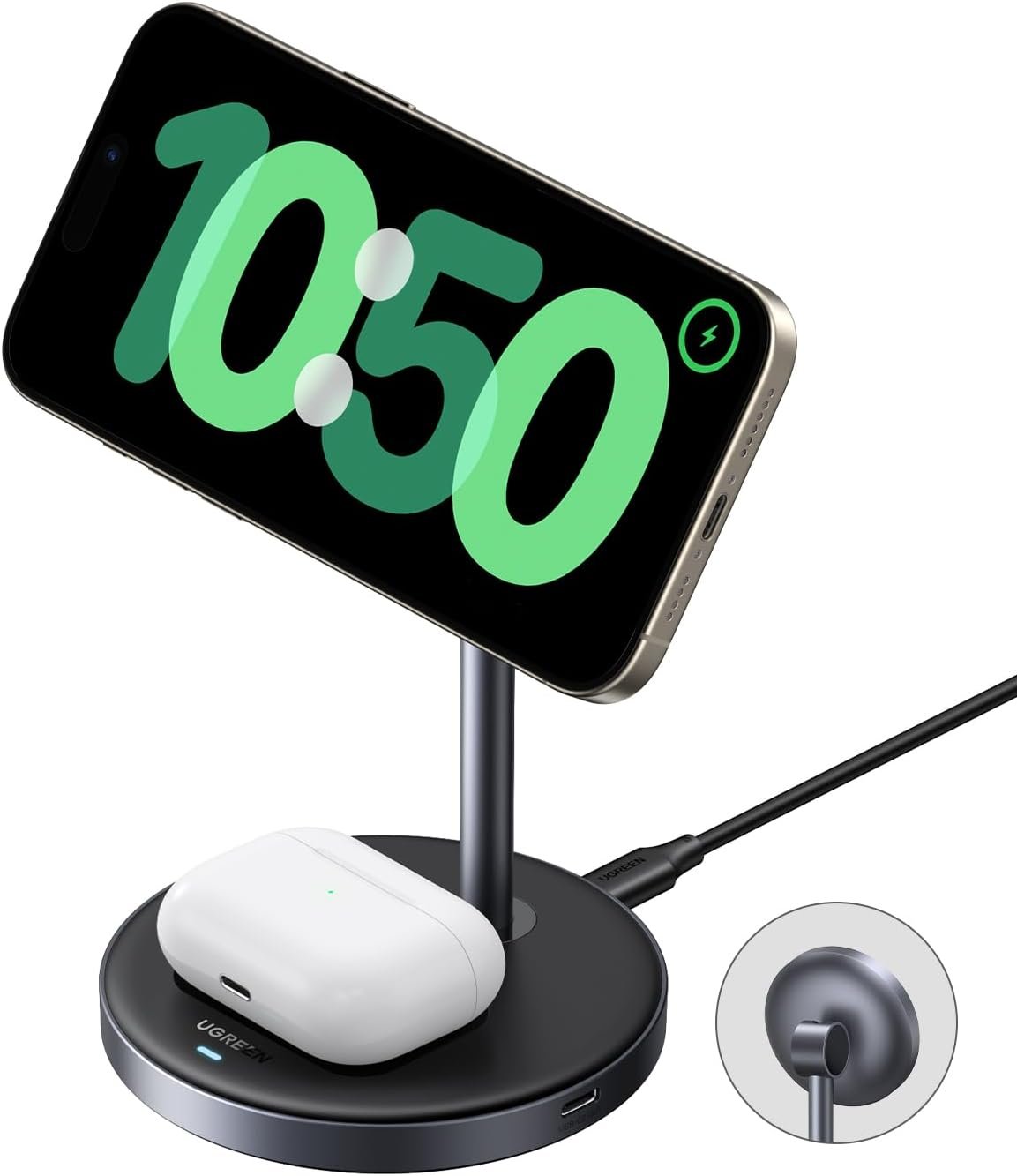 UGREEN MagFlow Qi2 Wireless Charger, 15W 2-in-1 Magsafe Charge Stand, Magnetic Station with 1M USB-C Cable for iPhone 16/15/14/13/12 Series and AirPods 4/3/2/Pro (No AC Adapter)