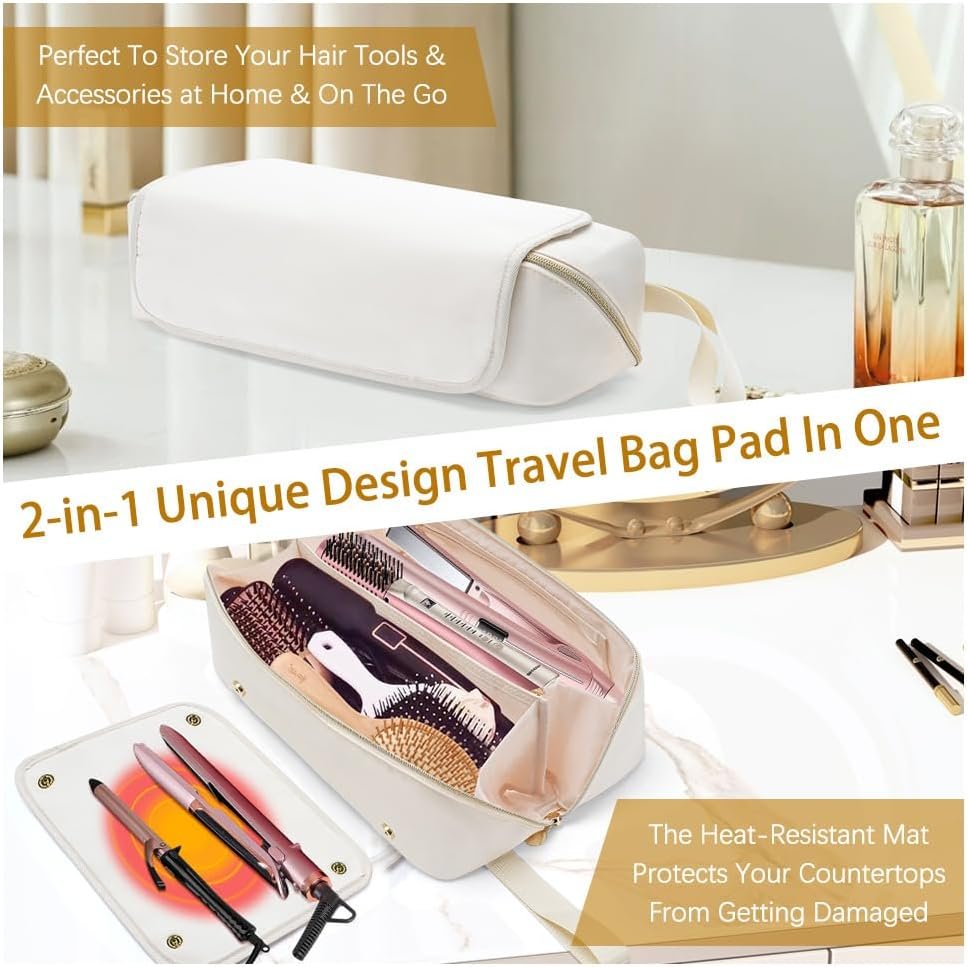 Kannino Hair Tools Travel Bag and Heat Resistant Mat, 2 in 1 Hot Tools Travel Bag for Straightener, Curling Iron, Flat Irons, Hair Dryer, Portable Organizer Hair Travel Case, Hangable Handles (Beige)