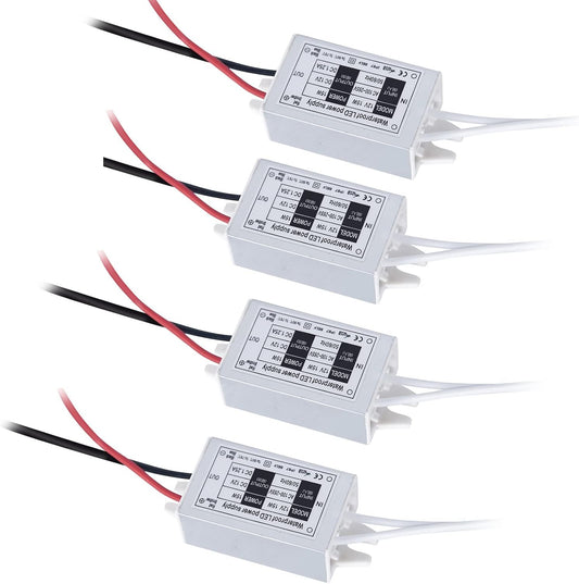Klarlight Waterproof IP67 15W 12V DC LED Power Supply - 120VAC to 12V DC Converter for LED Strip Lights, MR11/MR16 Bulbs, CCTV Camera (4-Pack)