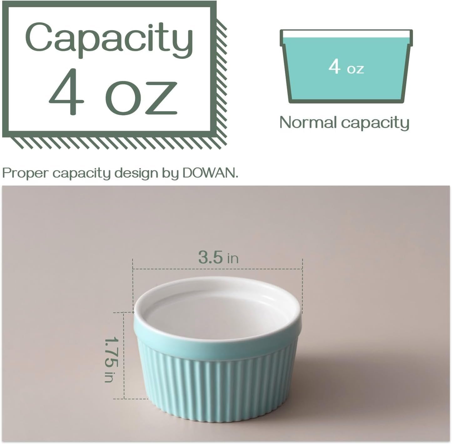 DOWAN 4 oz Ramekins - Ramekins for Creme Brulee Porcelain Ramekins Oven Safe, Classic Style Ramekins for Baking Souffle Ramekins Bowls, Set of 6, Blue