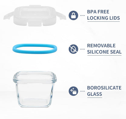 YOZOTI 12 Pack Small Glass Food Containers, 6oz Mini Meal Prep Containers with Lids, Airtight, Leakproof, Microwave, Freezer, Dishwasher Safe (Square)