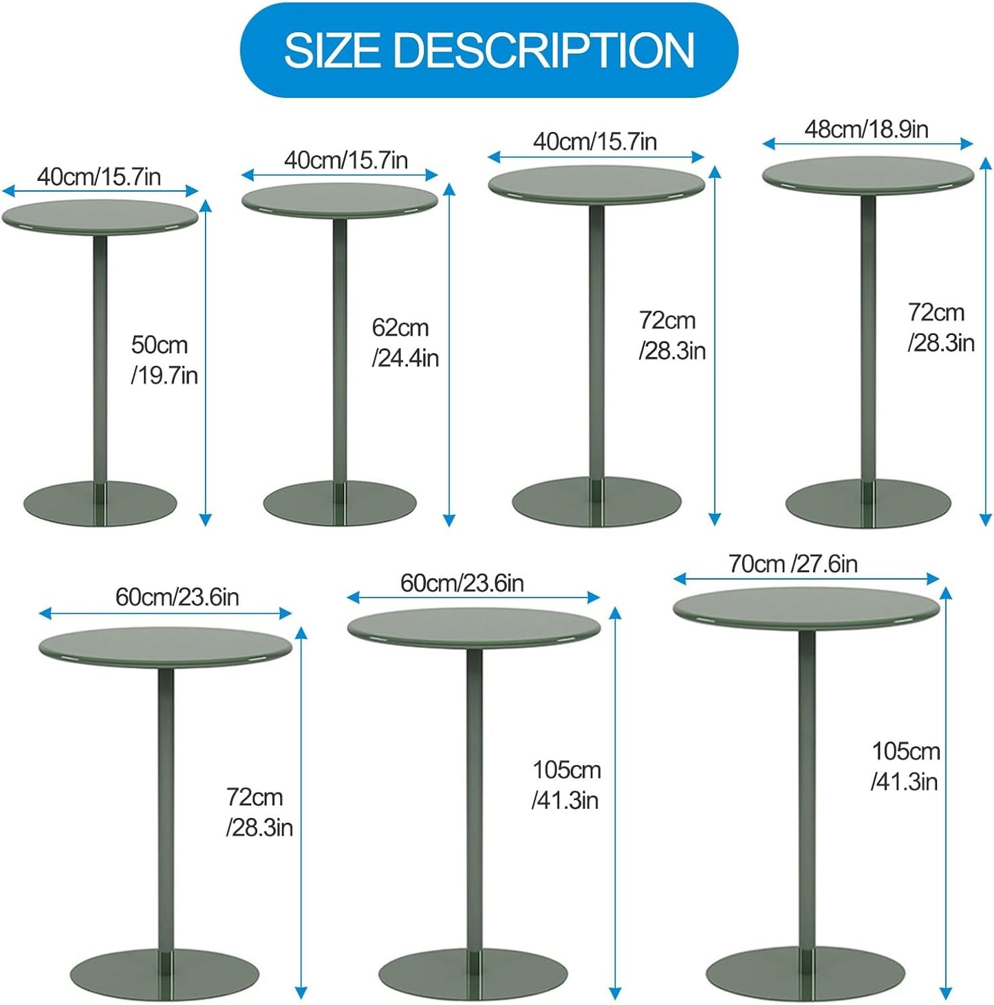 TWHZSAI Round Bar Table, Counter Bistro Pub Tables with Metal Iron Tabletop And Stable Base,Circular Cocktail Table for Home/Office/Dining Room/Kitchen, Green(Size:60x60x72cm)