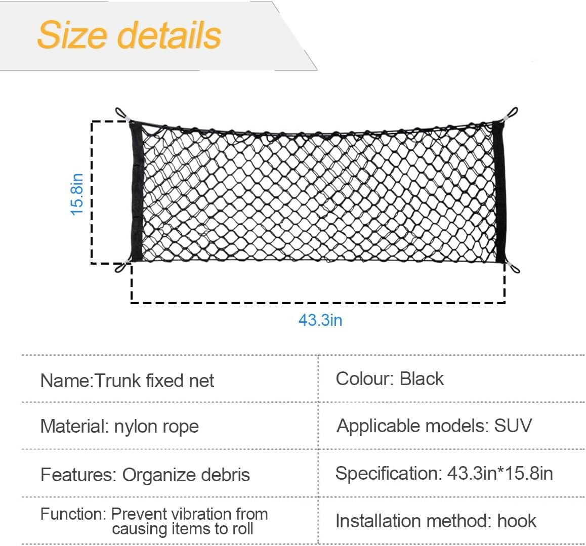 TSUGAMI Car Rear Cargo Net, Double-Layer Adjustable Stretchable Elastic Storage Organizer Net, Trunk Cargo Storage Mesh Net with Hooks, Car Interior Accessories Fit for Car, Trucks, SUV (Large)