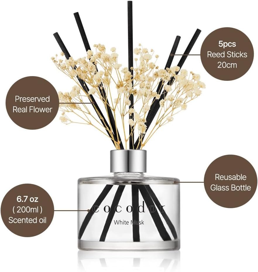 COCODOR Flower Reed Diffuser Set / 200ml / White Jasmine/Scent Diffuser with Sticks Home Fragrance Reed Diffuser for Bathroom Shelf Decor