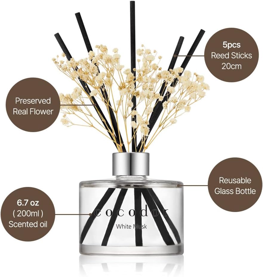 COCODOR Preserved Real Flower Reed Diffuser - April Breeze - 200ml - Reed Diffuser Set, Oil Diffuser & Reed Diffuser Sticks, Room Décor & Office Décor, Home Fragrance, Gift